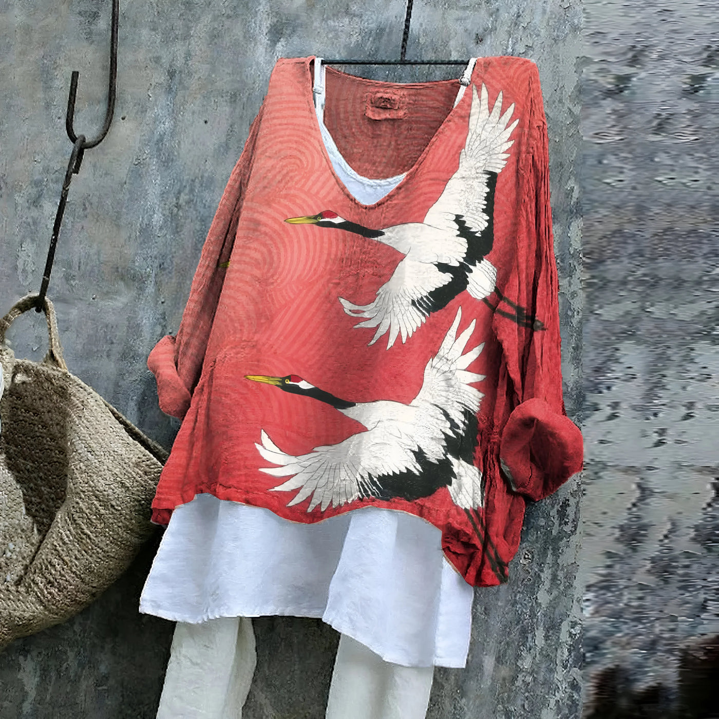 Bente - Vintage V-hals shirt met lange mouwen